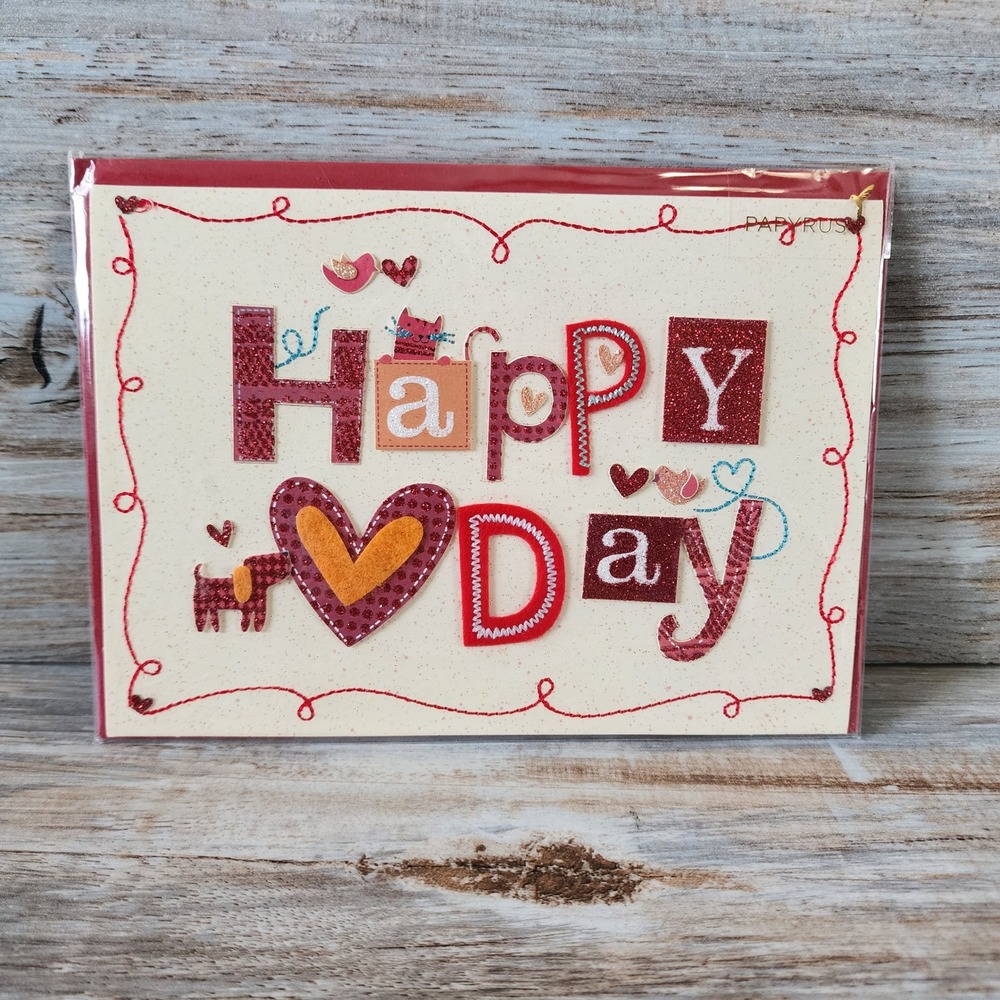 Papyrus Jessica Flick Valentines Day Card Happy Day Glitter Hearts Cat Dog New